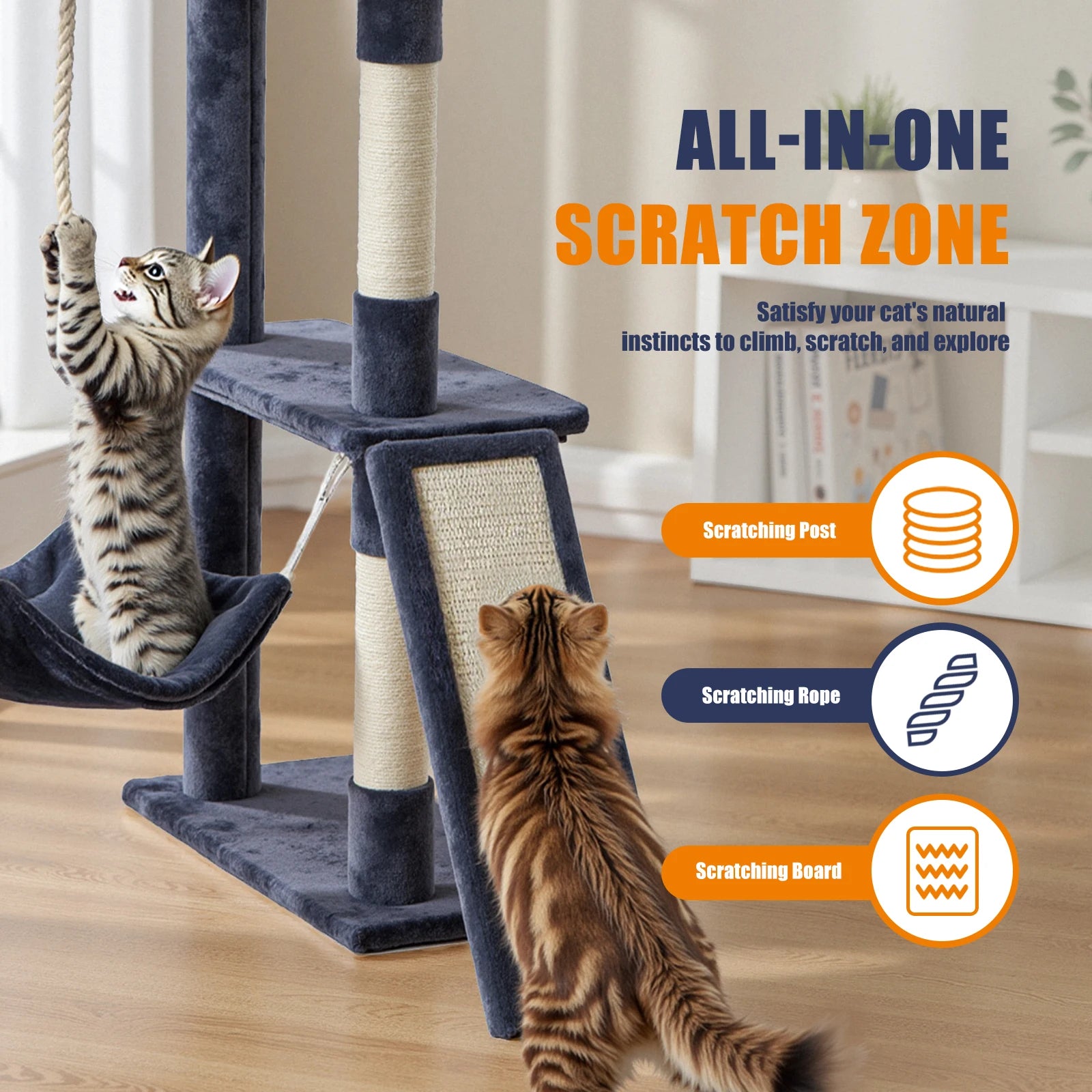 63In Tall Multi-Cat Climbing Tower for Pet Furniture Natural Sisal Scratching Posts Stable Pet House for Indoor Cat