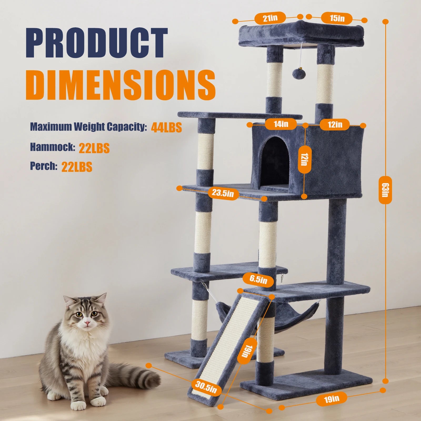 63In Tall Multi-Cat Climbing Tower for Pet Furniture Natural Sisal Scratching Posts Stable Pet House for Indoor Cat