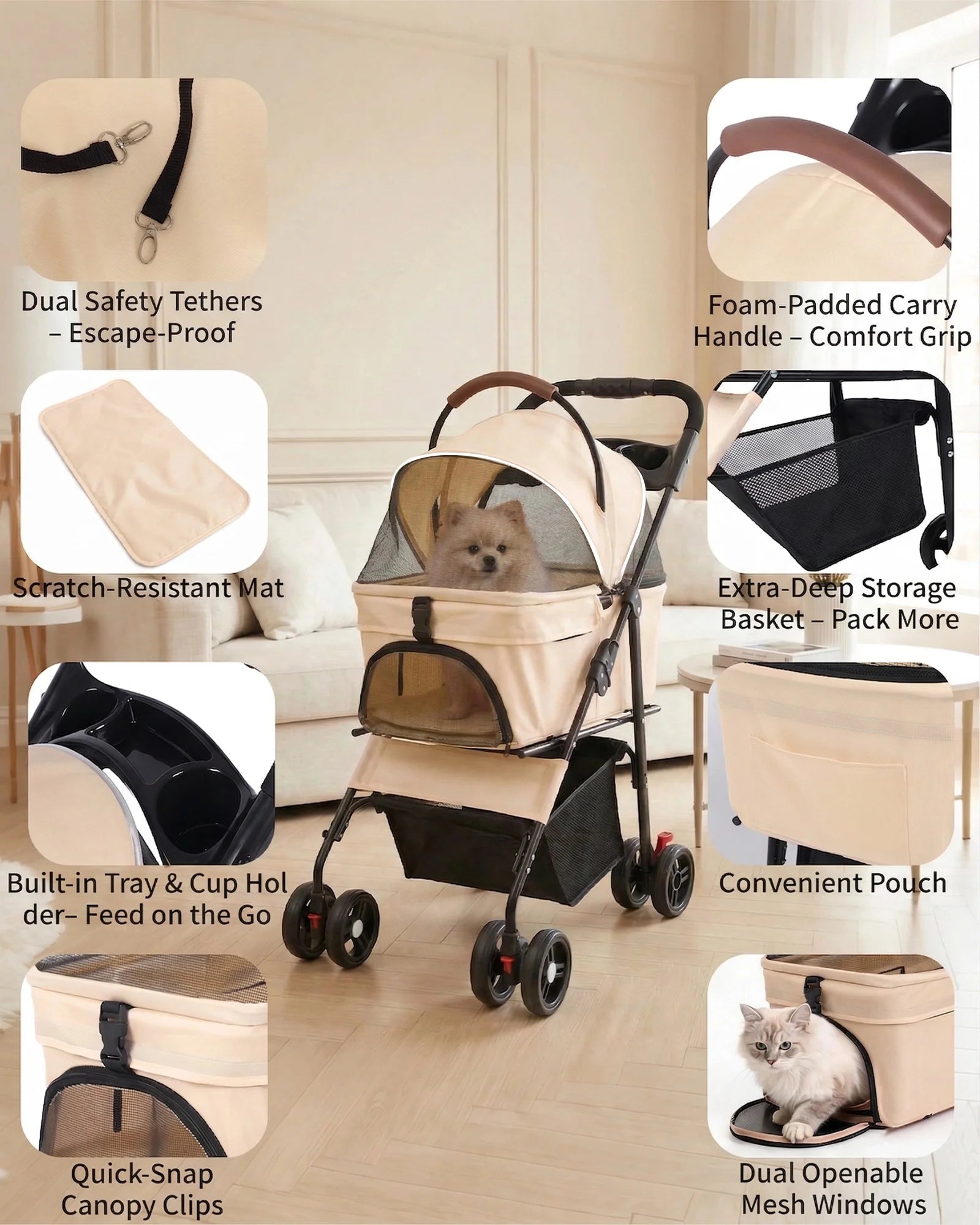 2-in-1Pet Foldable Lightweight Stroller for Small Dogs Cats