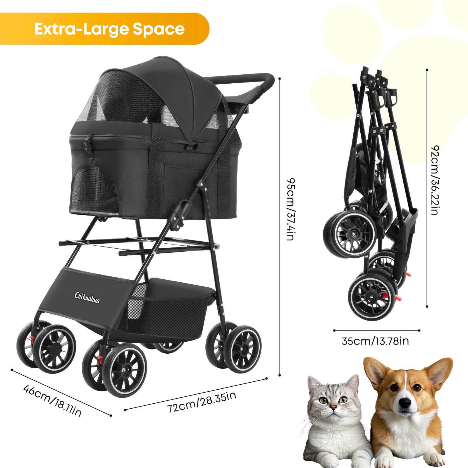 3 in 1 Portable Foldable Pet Stroller for Medium Dogs Cats