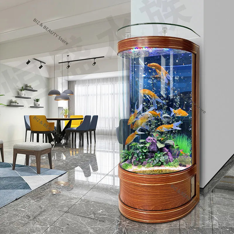 Large Semi-Circular Self-Cleaning Floor-Standing Fish Tank with Bottom Filter