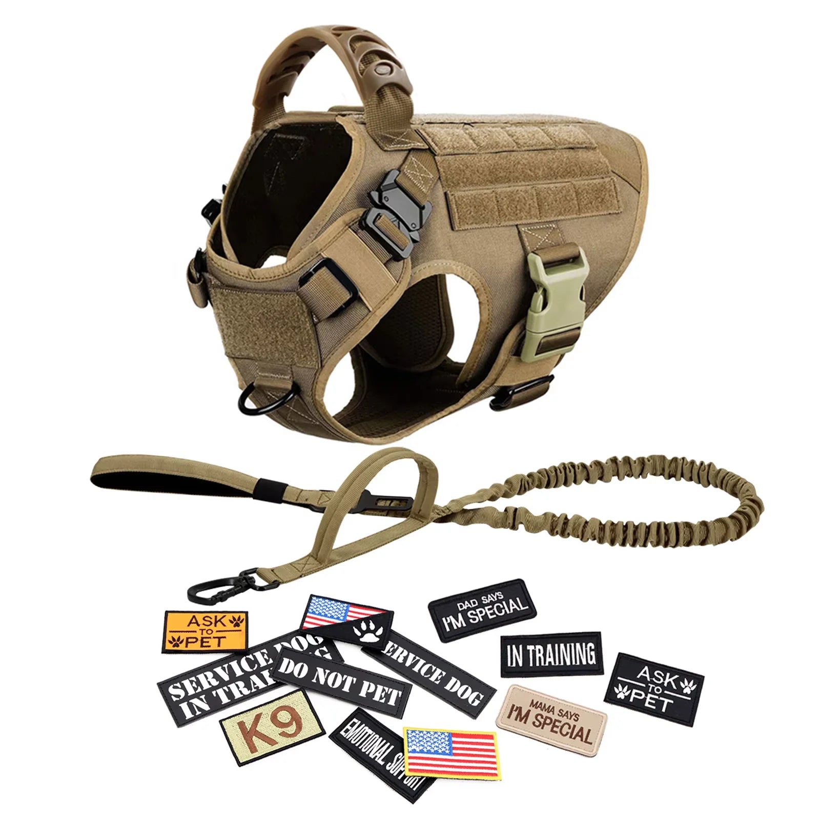 Large M Tactical Military-Like Dog Harness, Collar, Leash, Bags, Patches Set