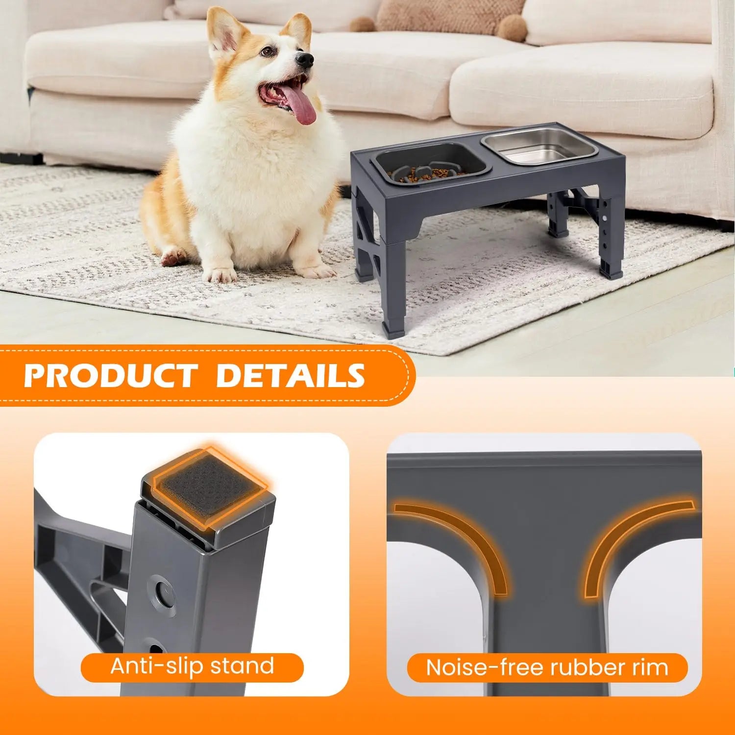 2-in-1 Elevated Adjustable Dog  Bowls, Non-Slip Stainless Steel/Plastic