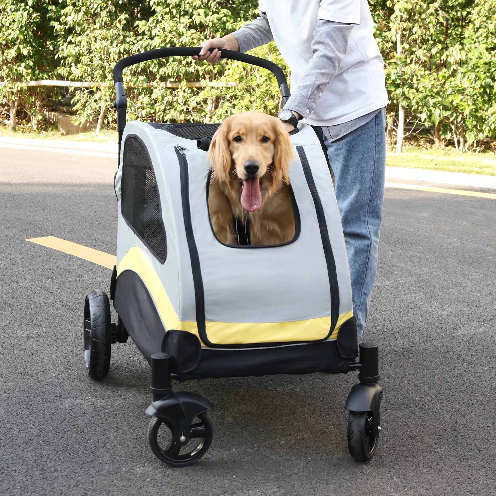 Portable 4 Wheel Dog Stroller for Large Dogs Foldable Pet Cat Travel Carriage Stroller Breathable Carrier for Outside Play