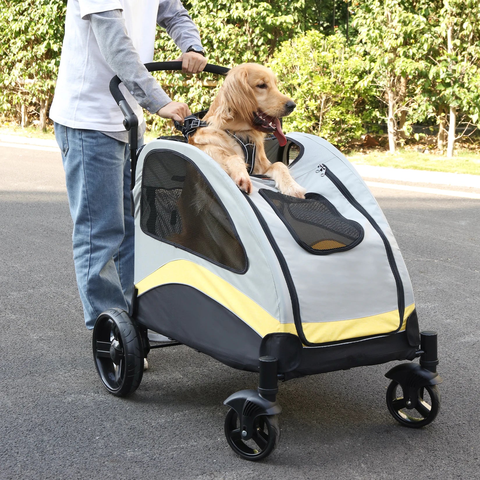 Portable 4 Wheel Dog Stroller for Large Dogs Foldable Pet Cat Travel Carriage Stroller Breathable Carrier for Outside Play