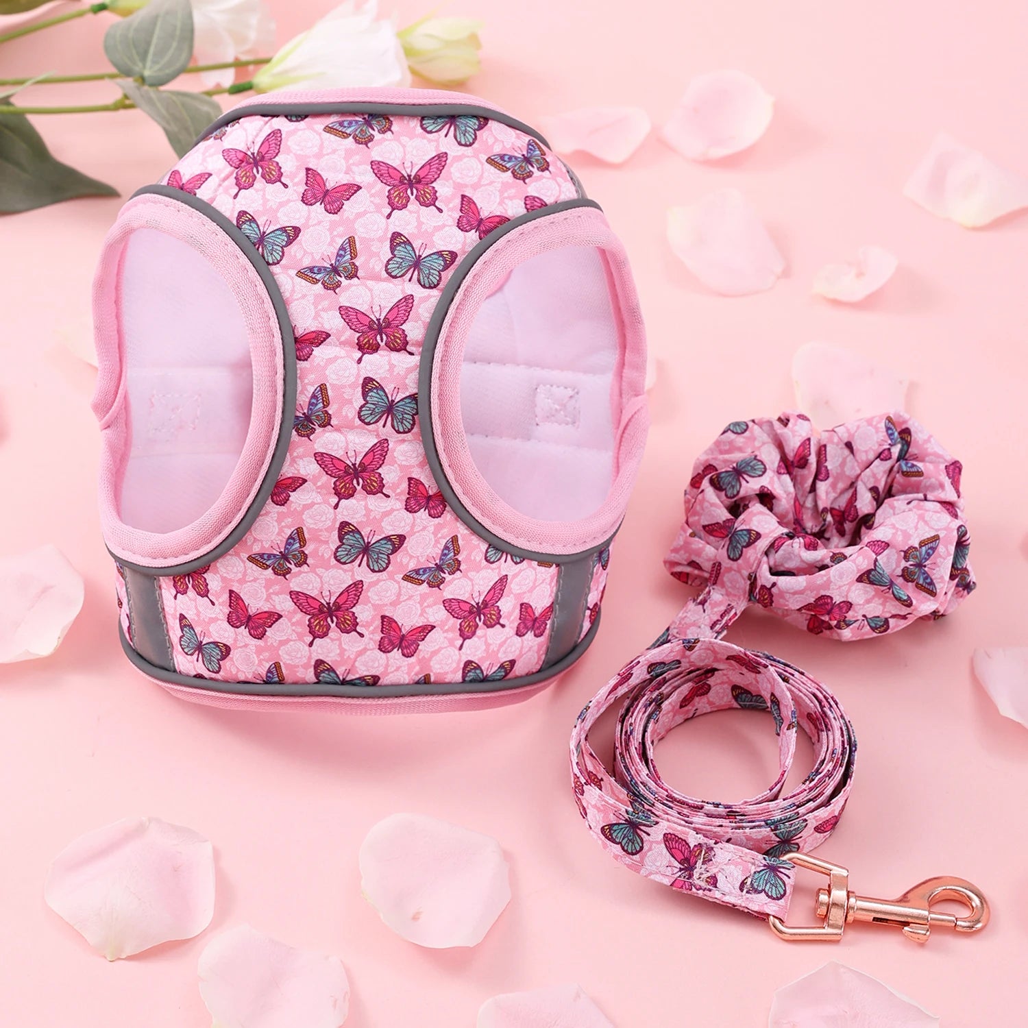 Breathable Reflective Pet Harness Leash Set with Adjustable Floral Chest Strap