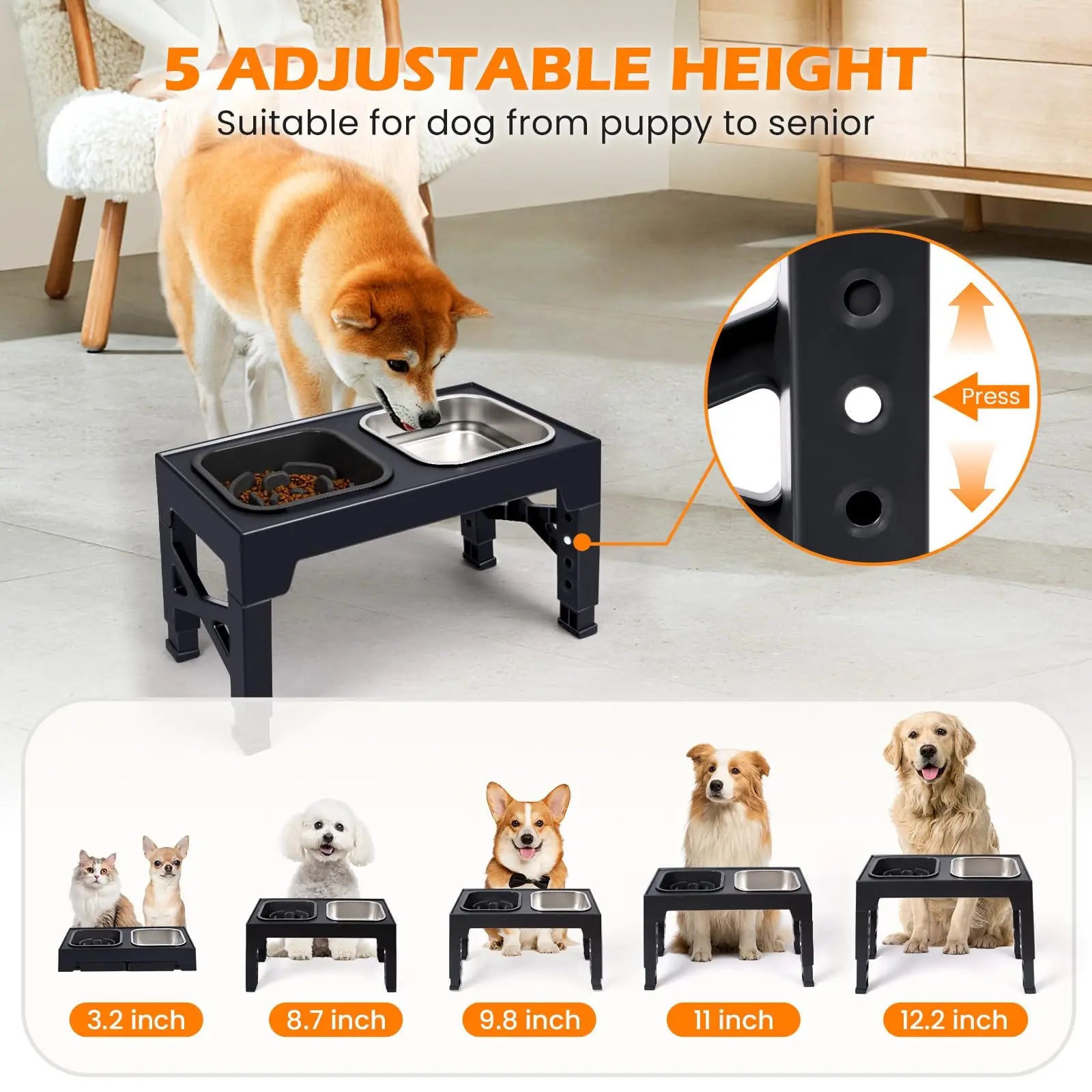 2-in-1 Elevated Adjustable Dog  Bowls, Non-Slip Stainless Steel/Plastic