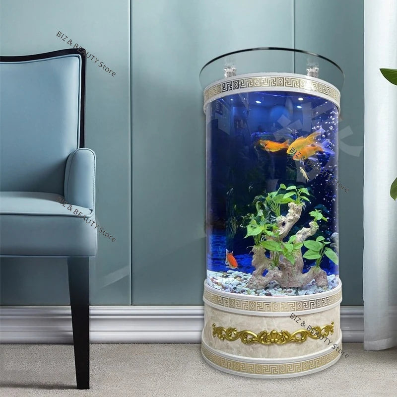 Large Semi-Circular Self-Cleaning Floor-Standing Fish Tank with Bottom Filter