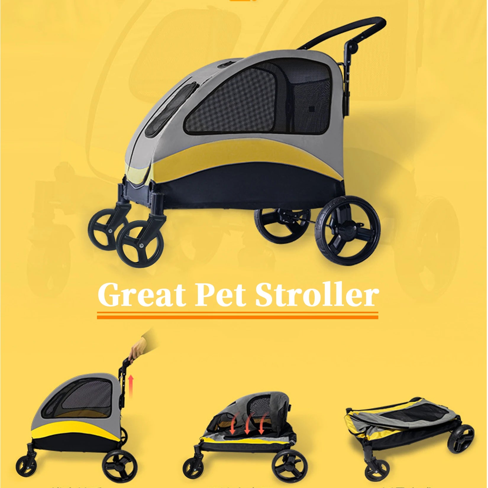 Portable 4 Wheel Dog Stroller for Large Dogs Foldable Pet Cat Travel Carriage Stroller Breathable Carrier for Outside Play