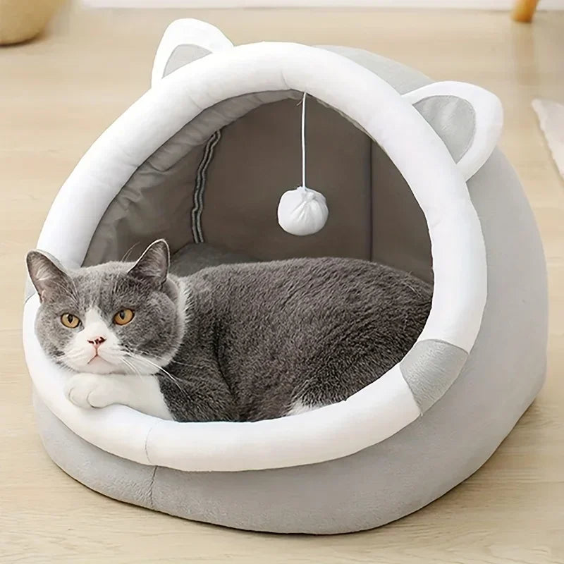 1 Comfortable Cartoon Cat House and Bed  with Removable Pad, Pompom