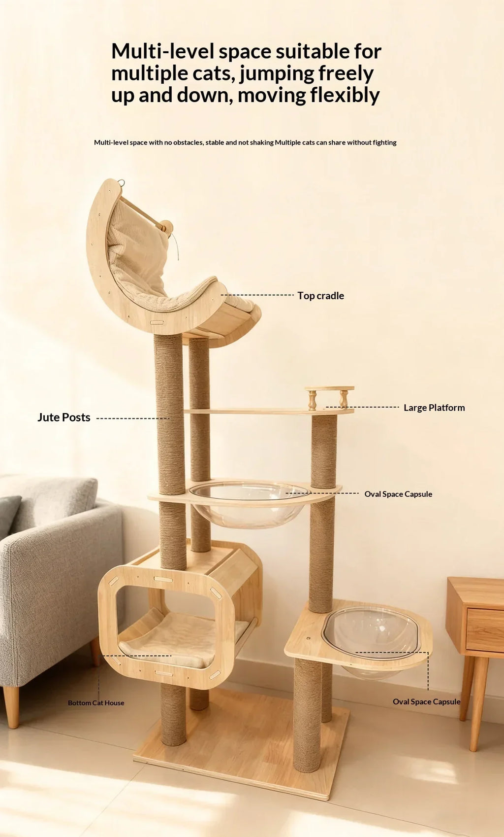 Large Compact Solid Wood Cat Tree