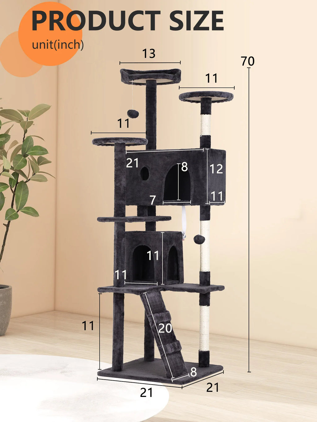 Cat Tree 54/70 Inch Tower with Sisal-Covered Scratching Posts, Dangling Ball