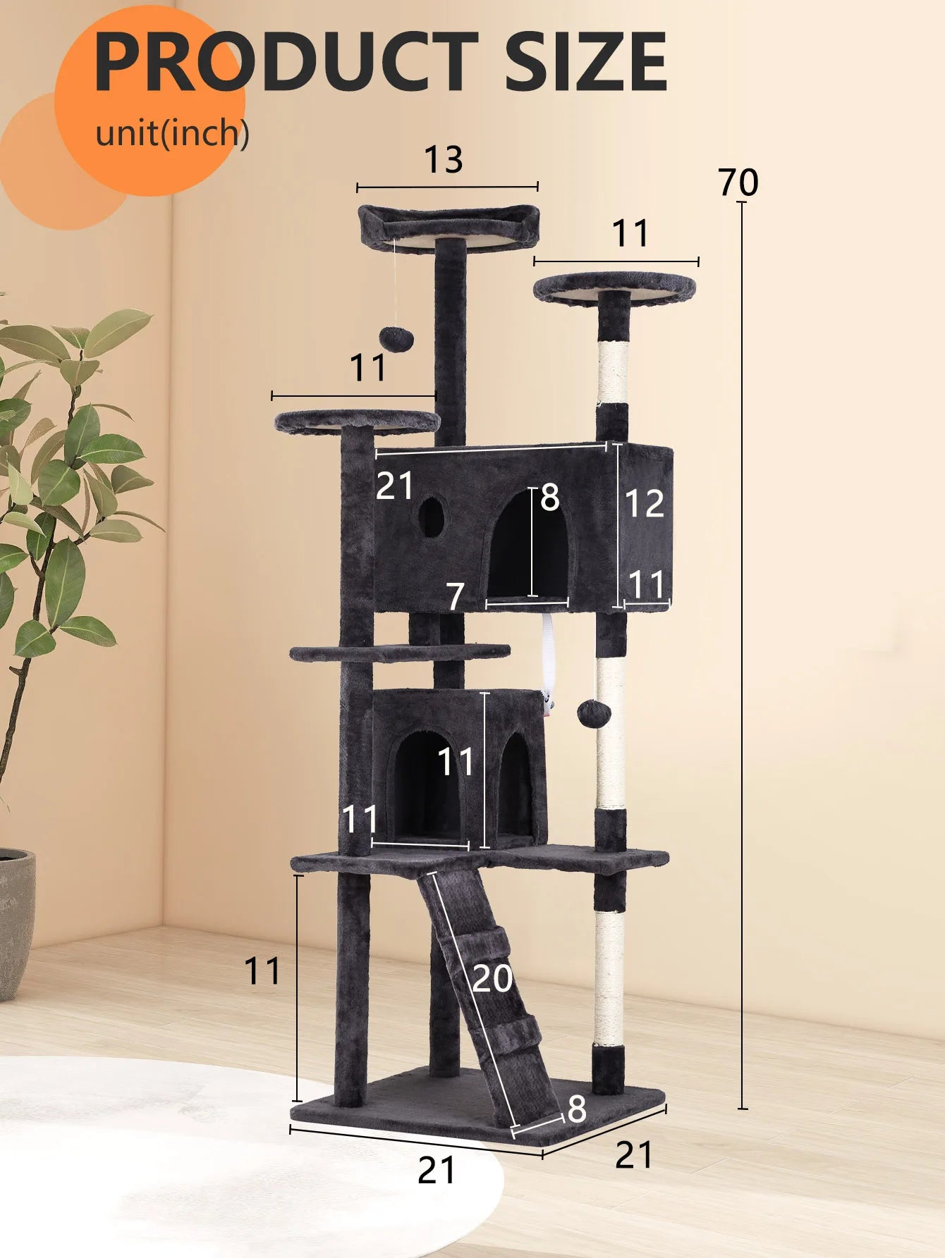 Cat Tree 54/70 Inch Tower with Sisal-Covered Scratching Posts, Dangling Ball