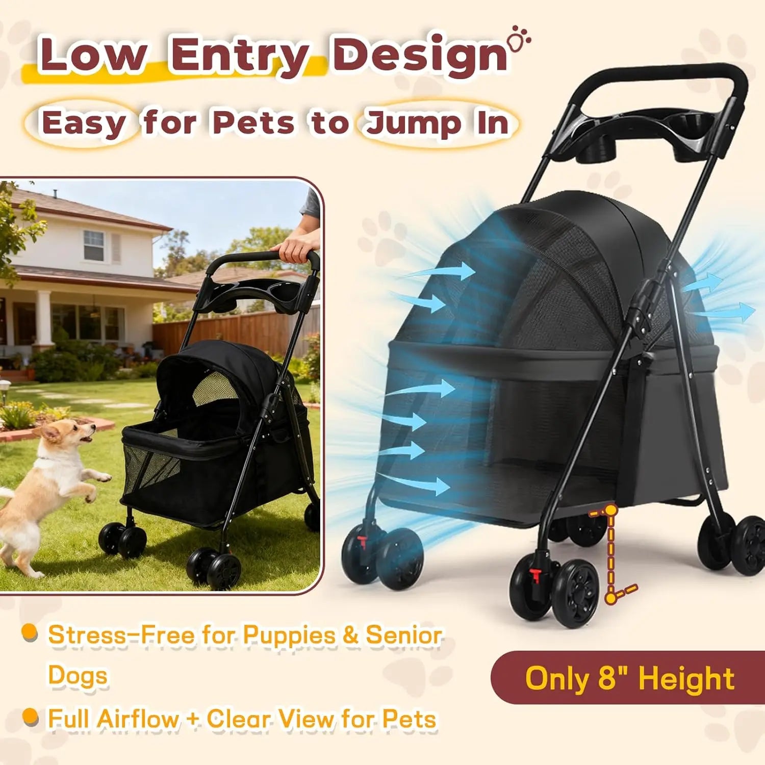 Foldable Pet Stroller Cat Small Dog Cart, Lightweight Folding Pet Stroller