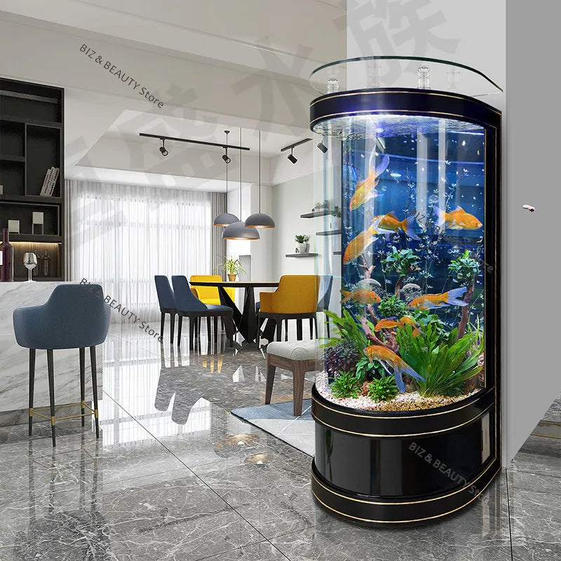 Large Semi-Circular Self-Cleaning Floor-Standing Fish Tank with Bottom Filter