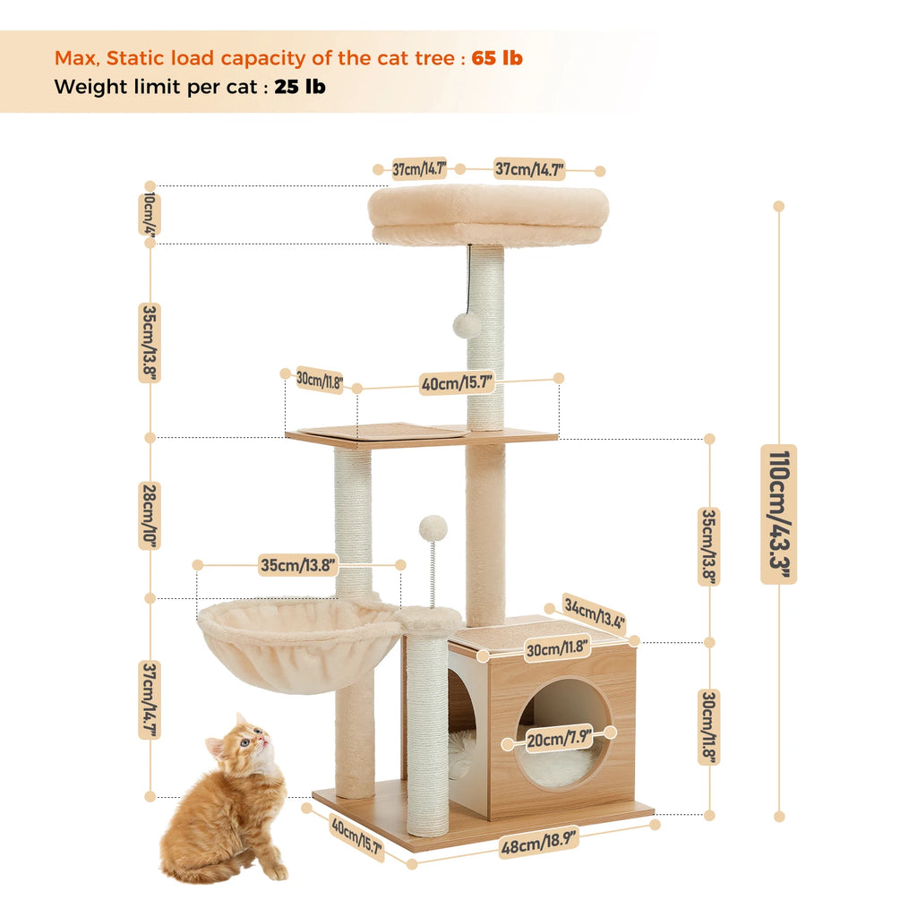 Multi-Level Wood Cat Tower with Hammock, Sisal Scratching Posts