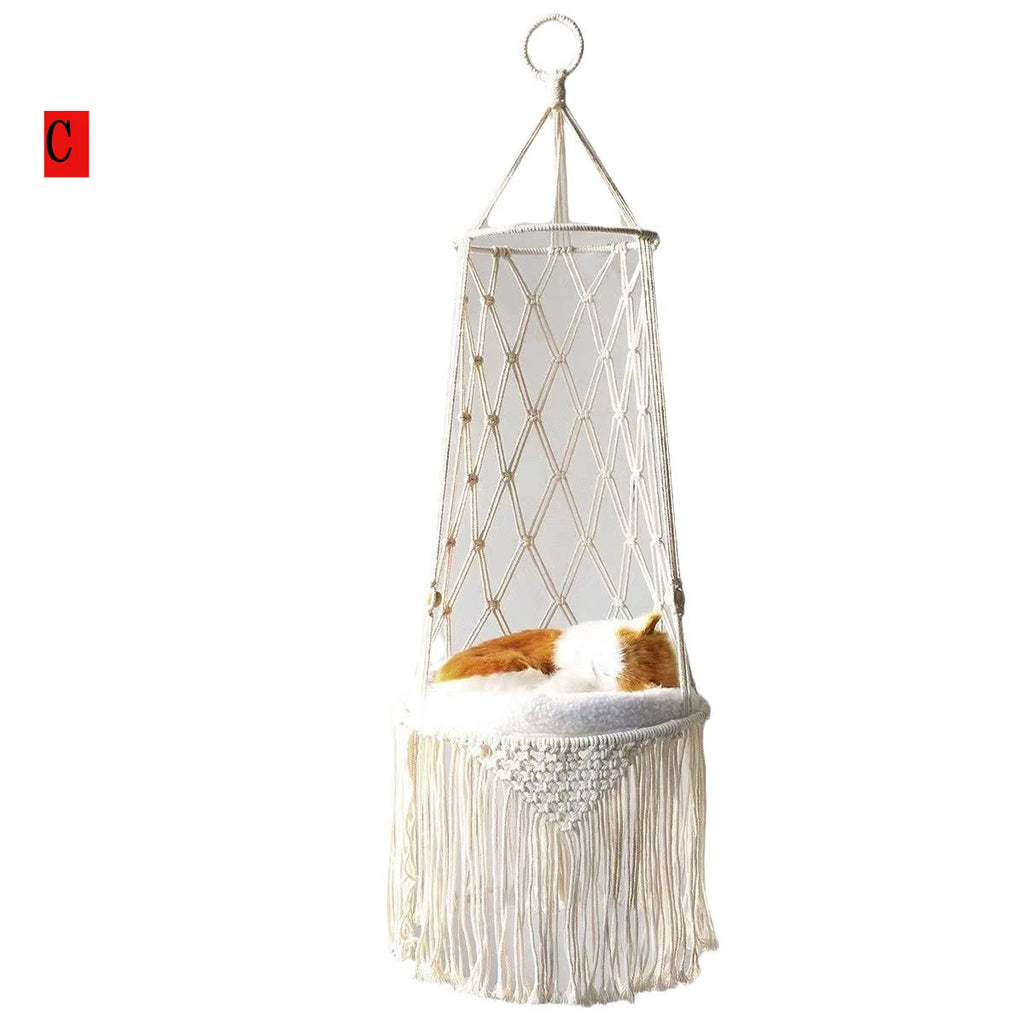 Hanging Hand‑woven Hammock Swing Cat Bed Boho  Pet Swing Nest Tassel Cat Sleeping Bed for Indoor Wall Ceiling Mount