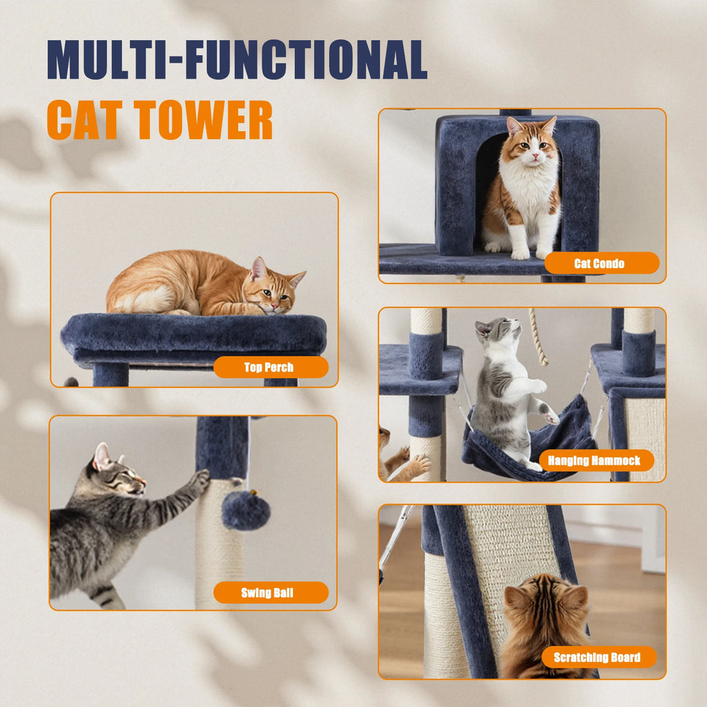 63In Tall Multi-Cat Climbing Tower for Pet Furniture Natural Sisal Scratching Posts Stable Pet House for Indoor Cat