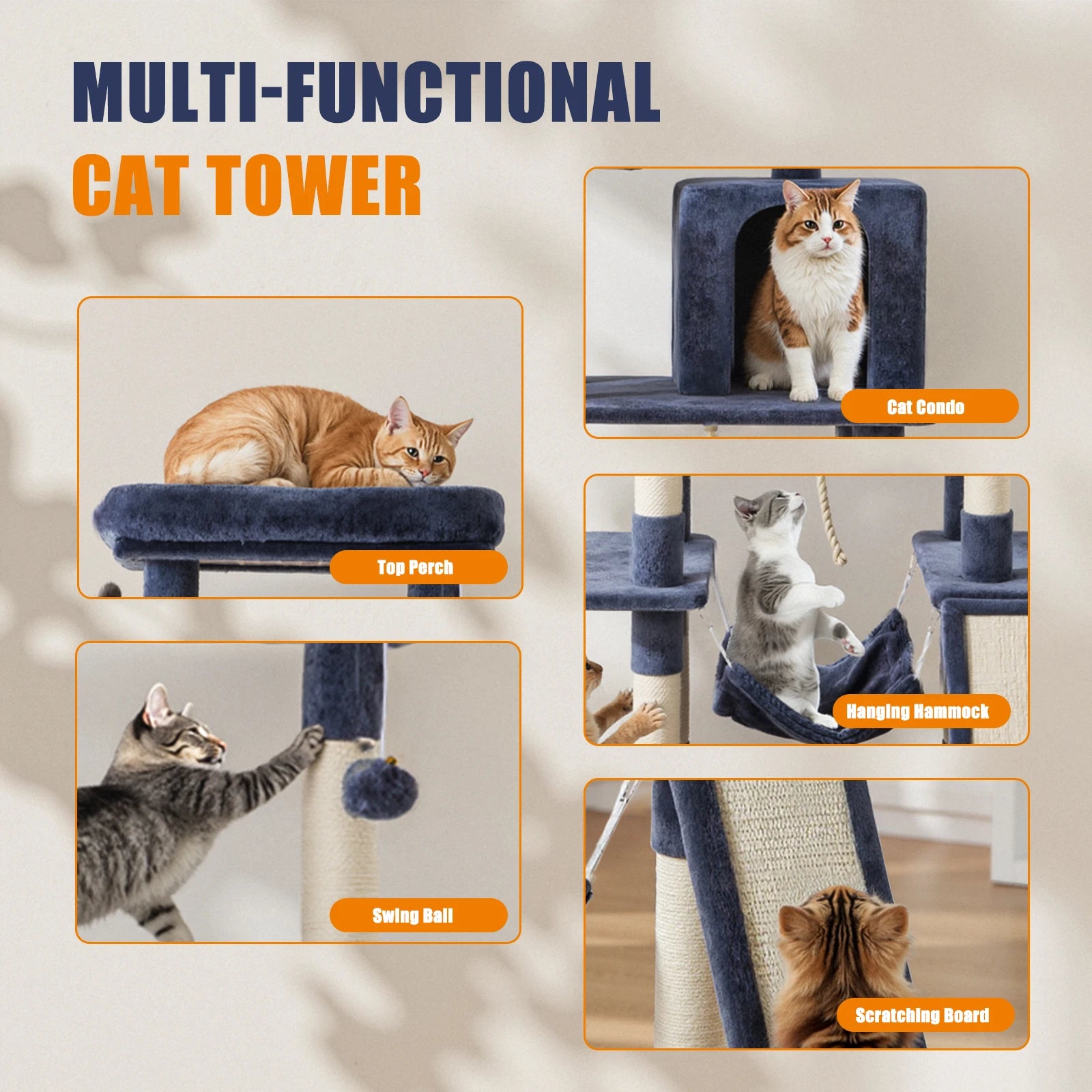 63In Tall Multi-Cat Climbing Tower for Pet Furniture Natural Sisal Scratching Posts Stable Pet House for Indoor Cat