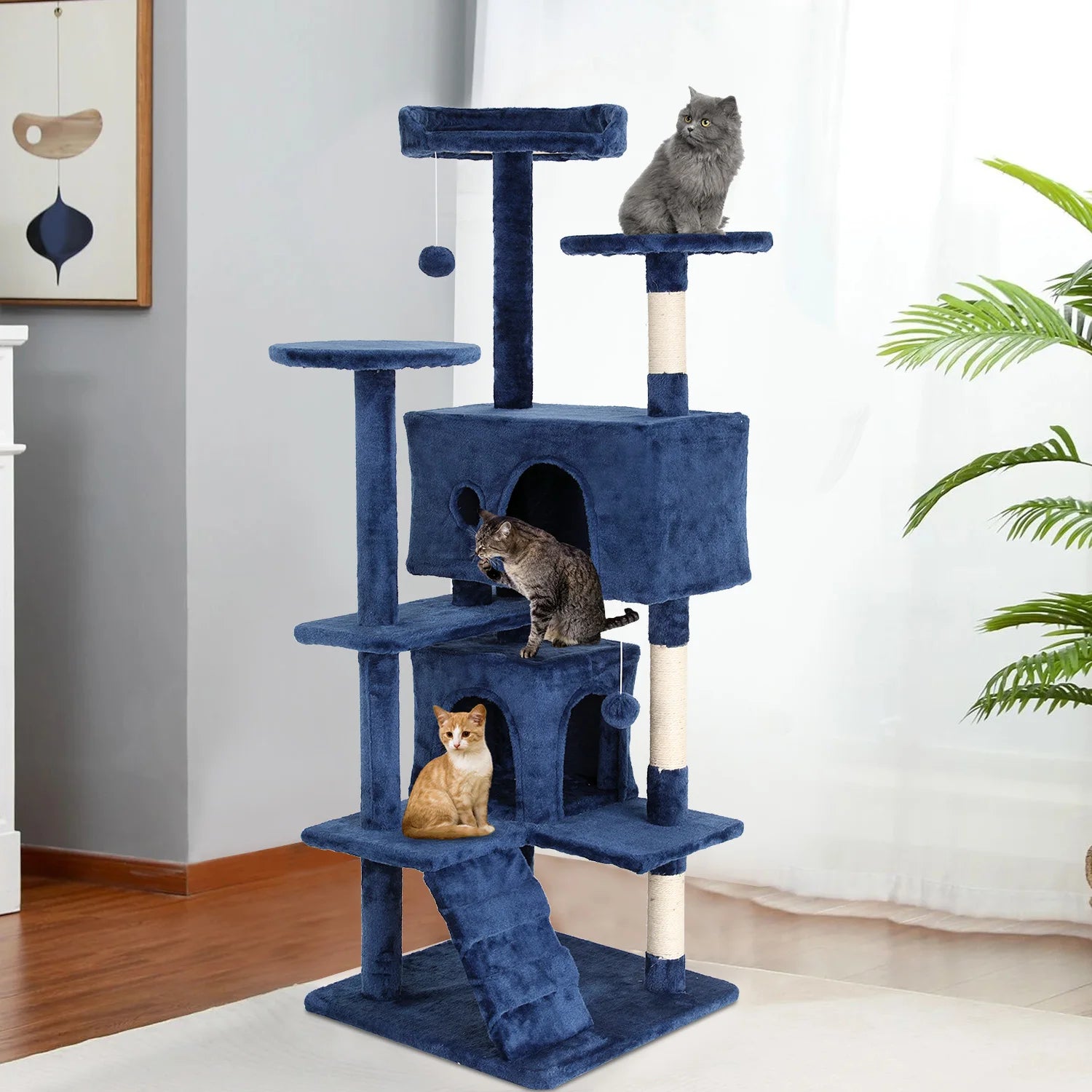 Cat Tree 54/70 Inch Tower with Sisal-Covered Scratching Posts, Dangling Ball