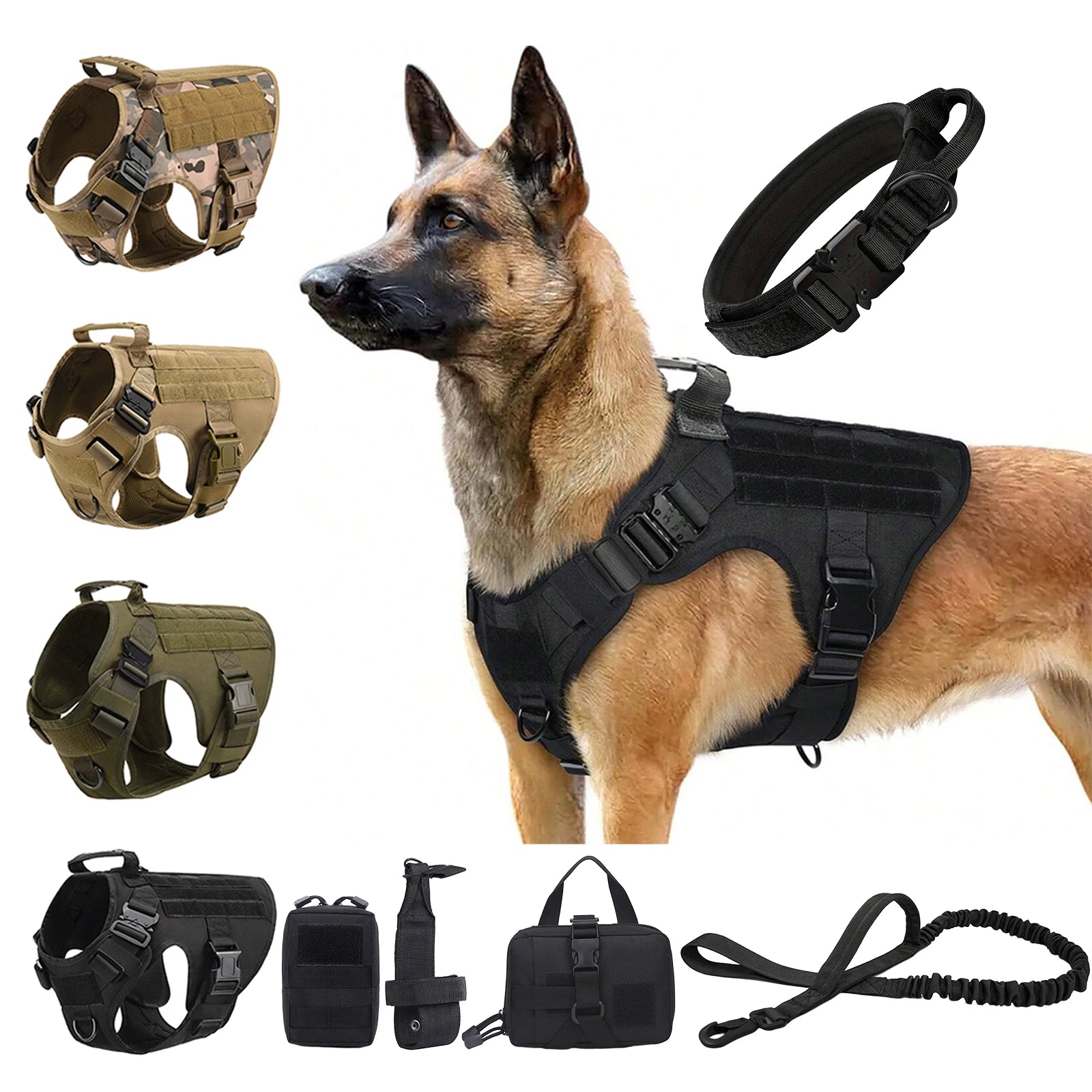 Tactical Dog Harness, Collar, Leash, Molle Pouches