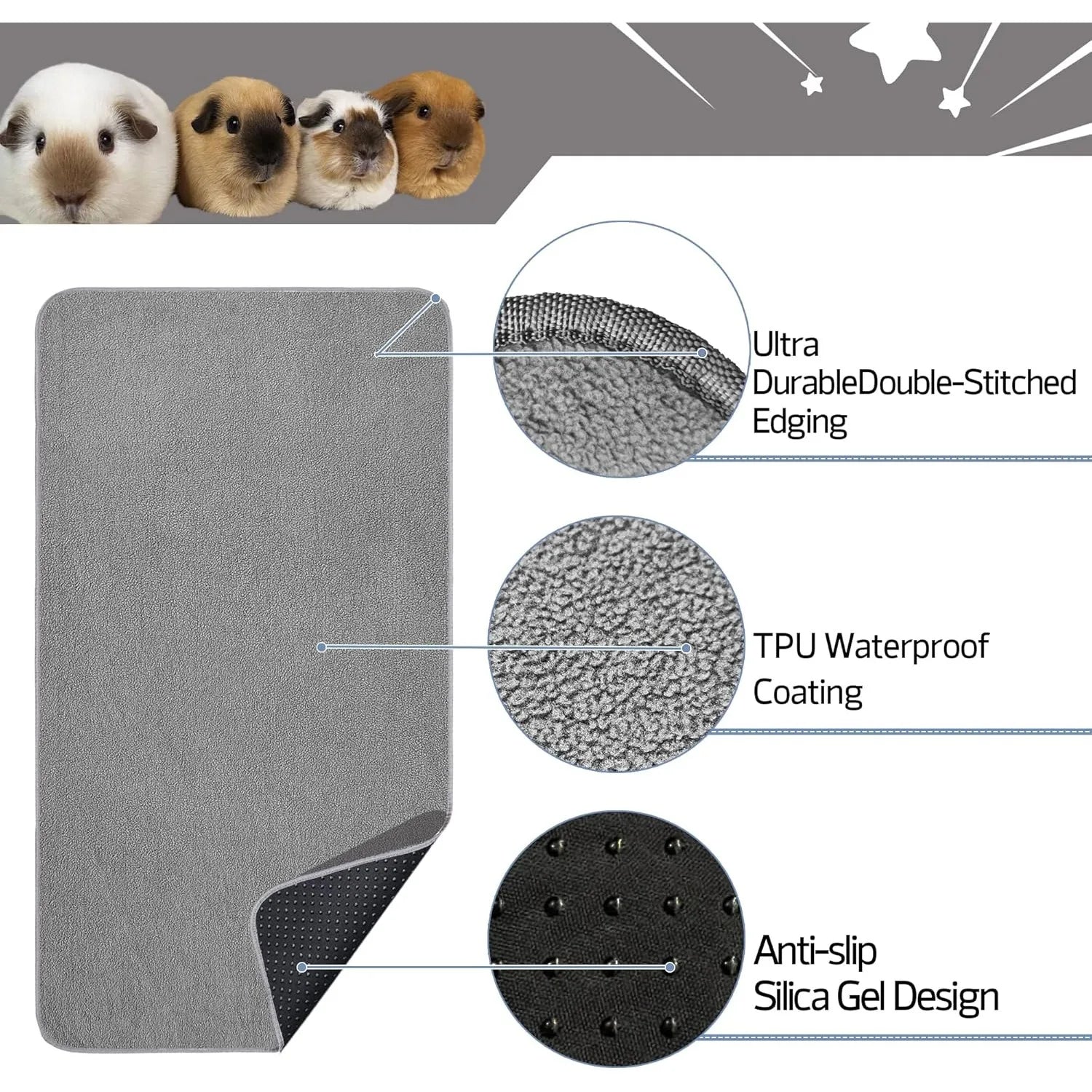 Washable Guinea Pig Cage Leakproof Fleece Cage Liner with Anti-Slip Bottom