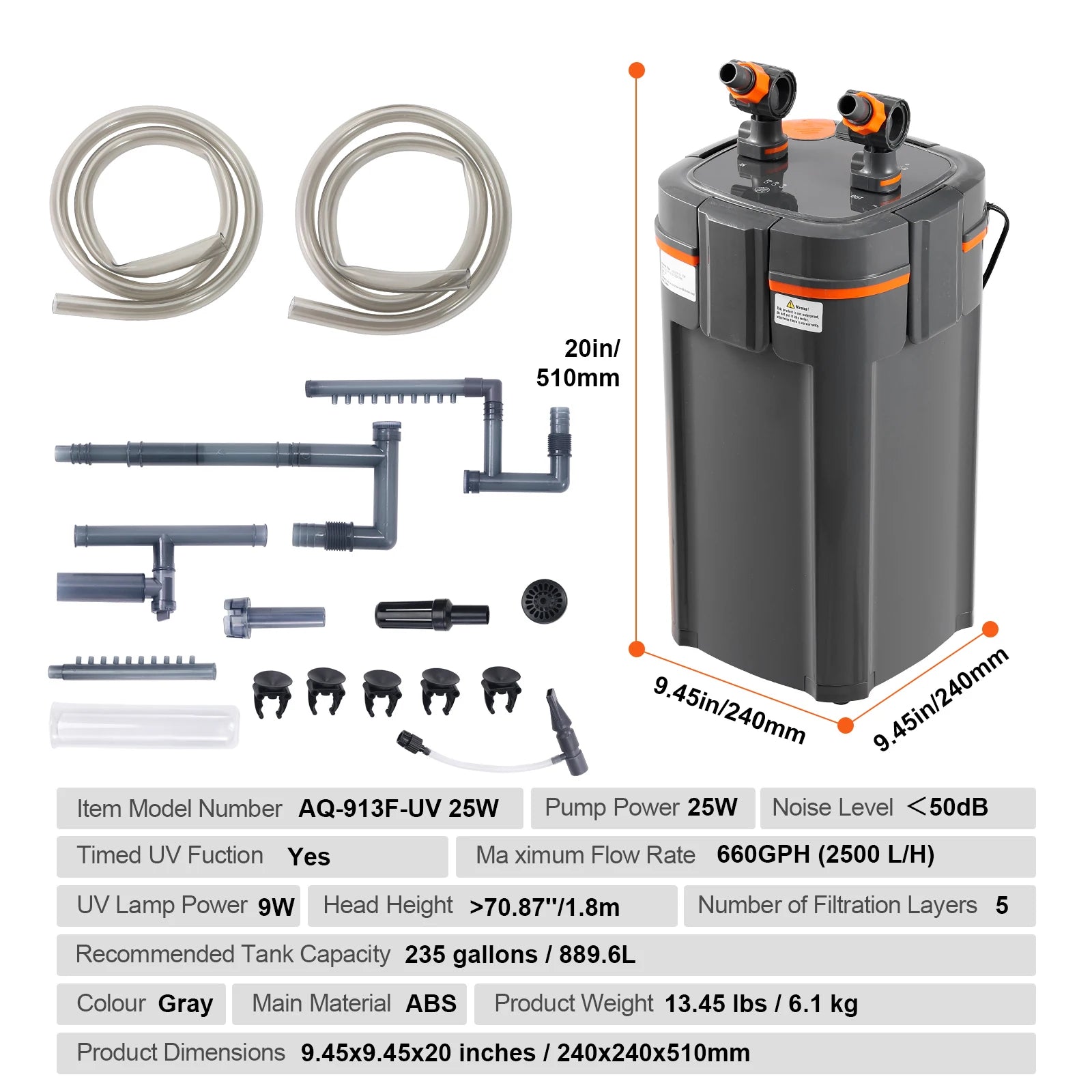 Aquarium Filter 264GPH, 3-Stage Canister, Filter Ultra-Quiet, Internal Aquarium Filter with UV Protection for Fish Tanks