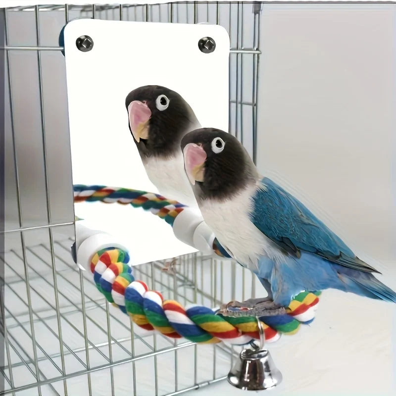 Interactive bird mirror toy with chewable rope habitat