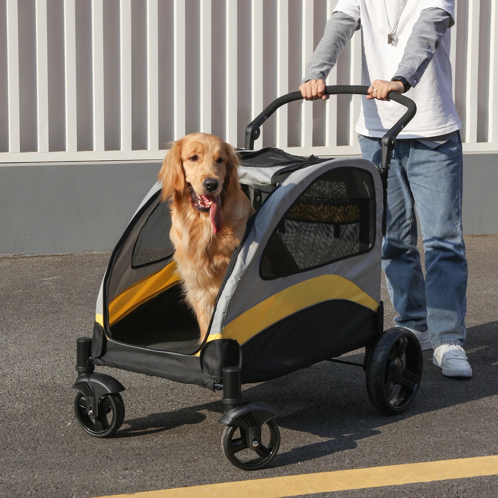 Portable 4 Wheel Dog Stroller for Large Dogs Foldable Pet Cat Travel Carriage Stroller Breathable Carrier for Outside Play