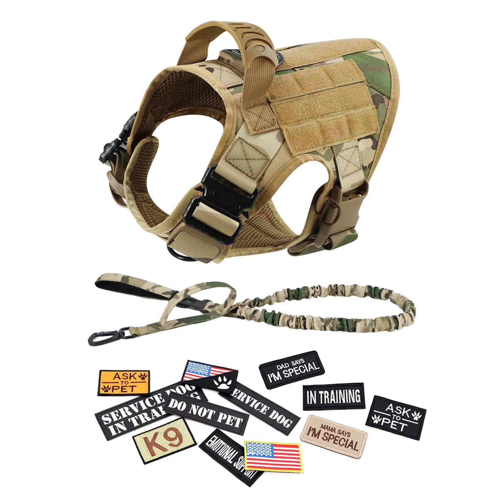 Large M Tactical Military-Like Dog Harness, Collar, Leash, Bags, Patches Set
