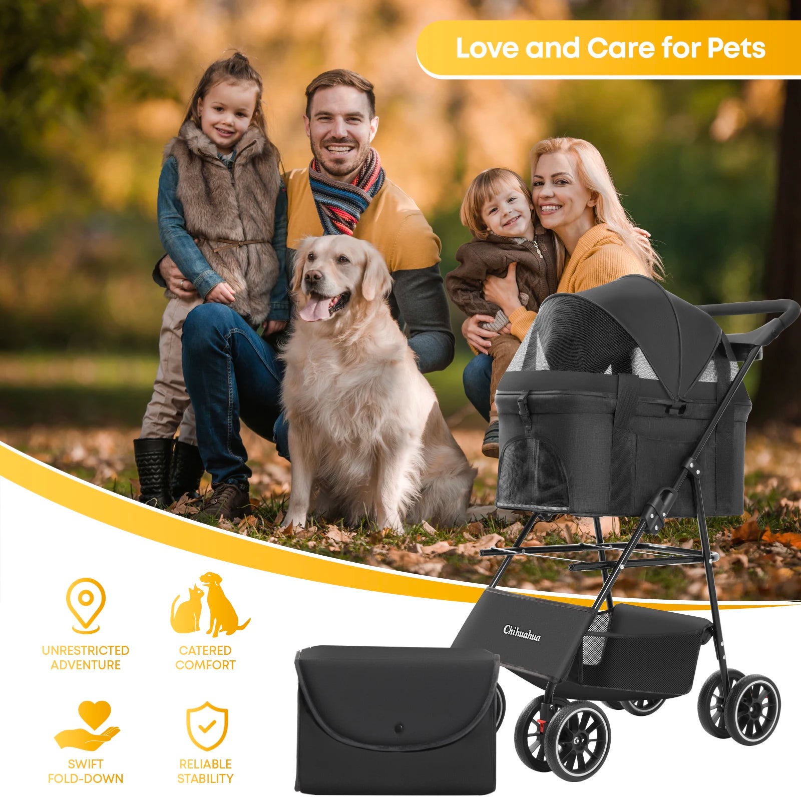 3 in 1 Portable Foldable Pet Stroller for Medium Dogs Cats