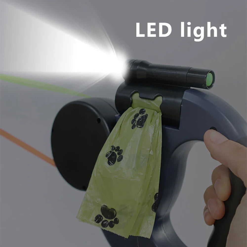 Auto Retractable Double-Ended Dog 3 m Leash with LED Flashlight, Waste Bag, 360 Degree Dual Traction Rope