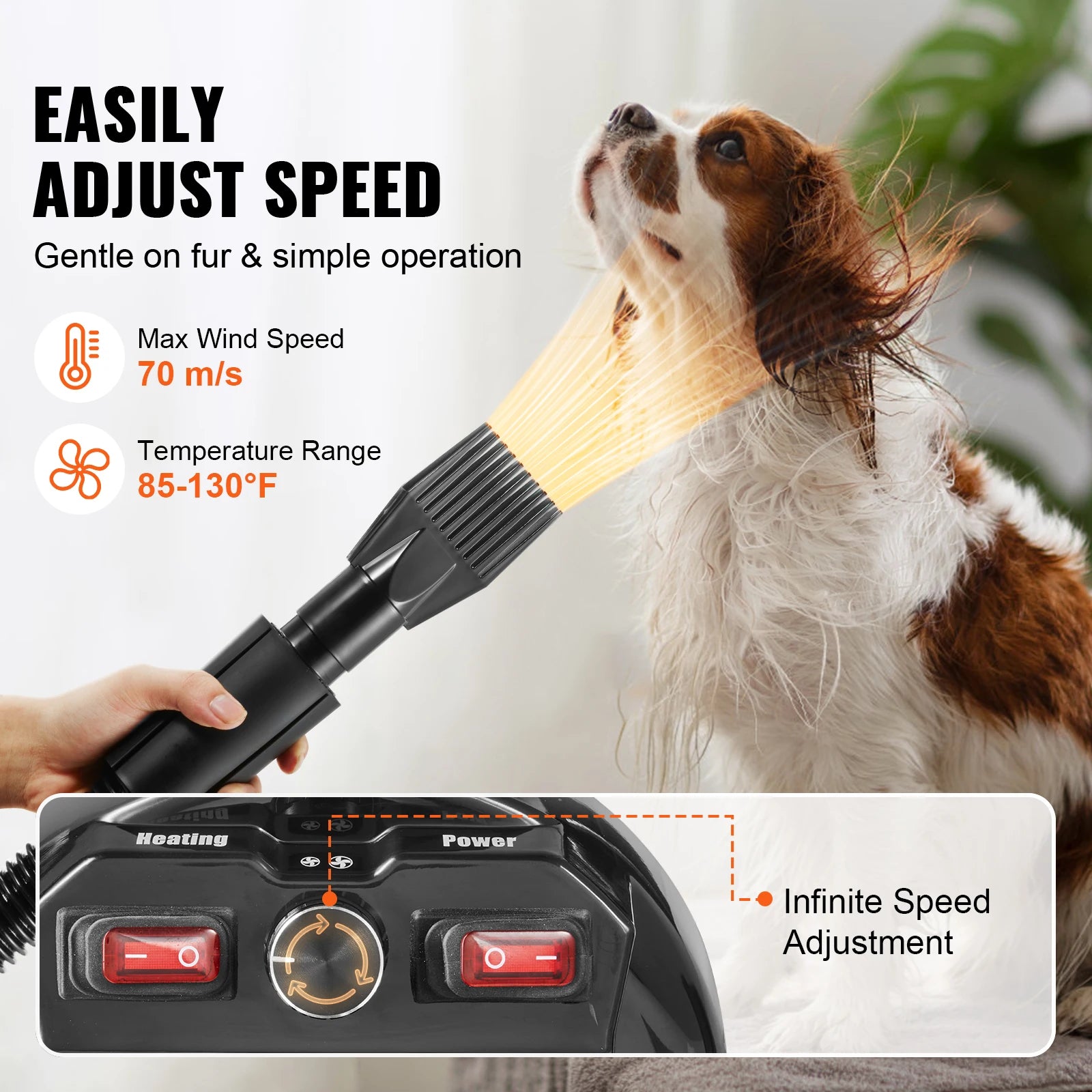 2000W/2.7HP  Adjustable Speed Dog Blow Dryer with 4 Nozzle and Extendable Hose