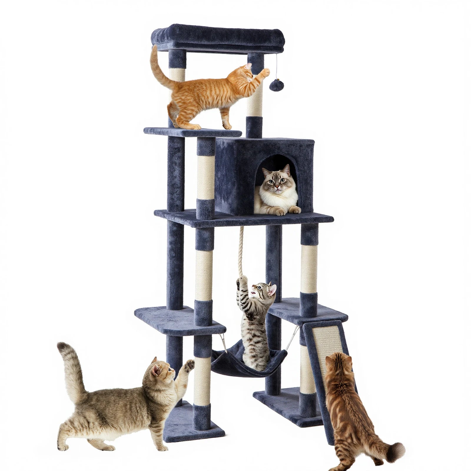 63In Tall Multi-Cat Climbing Tower for Pet Furniture Natural Sisal Scratching Posts Stable Pet House for Indoor Cat