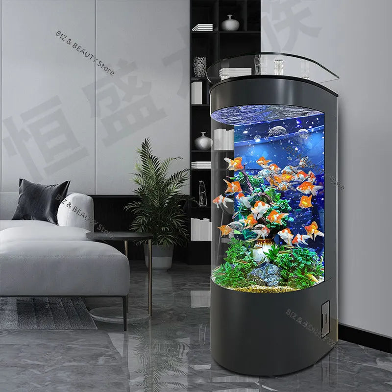 Large Semi-Circular Self-Cleaning Floor-Standing Fish Tank with Bottom Filter