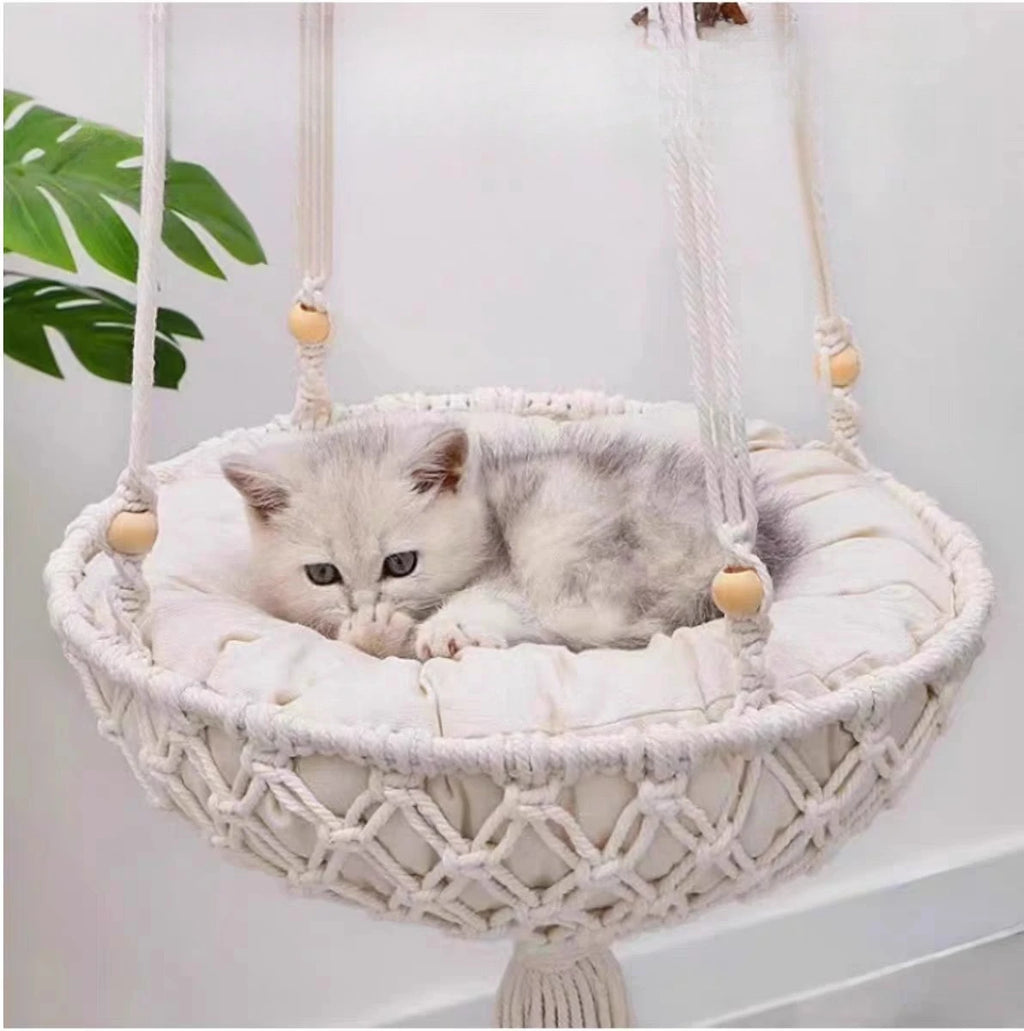 Hanging Hand‑woven Hammock Swing Cat Bed Boho  Pet Swing Nest Tassel Cat Sleeping Bed for Indoor Wall Ceiling Mount
