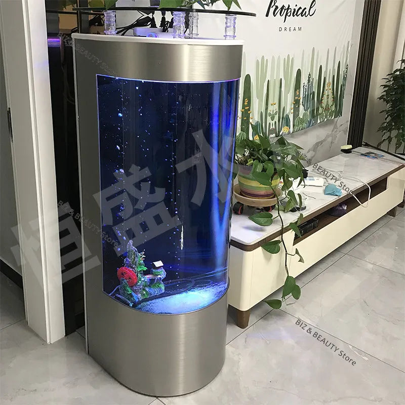 Large Semi-Circular Self-Cleaning Floor-Standing Fish Tank with Bottom Filter