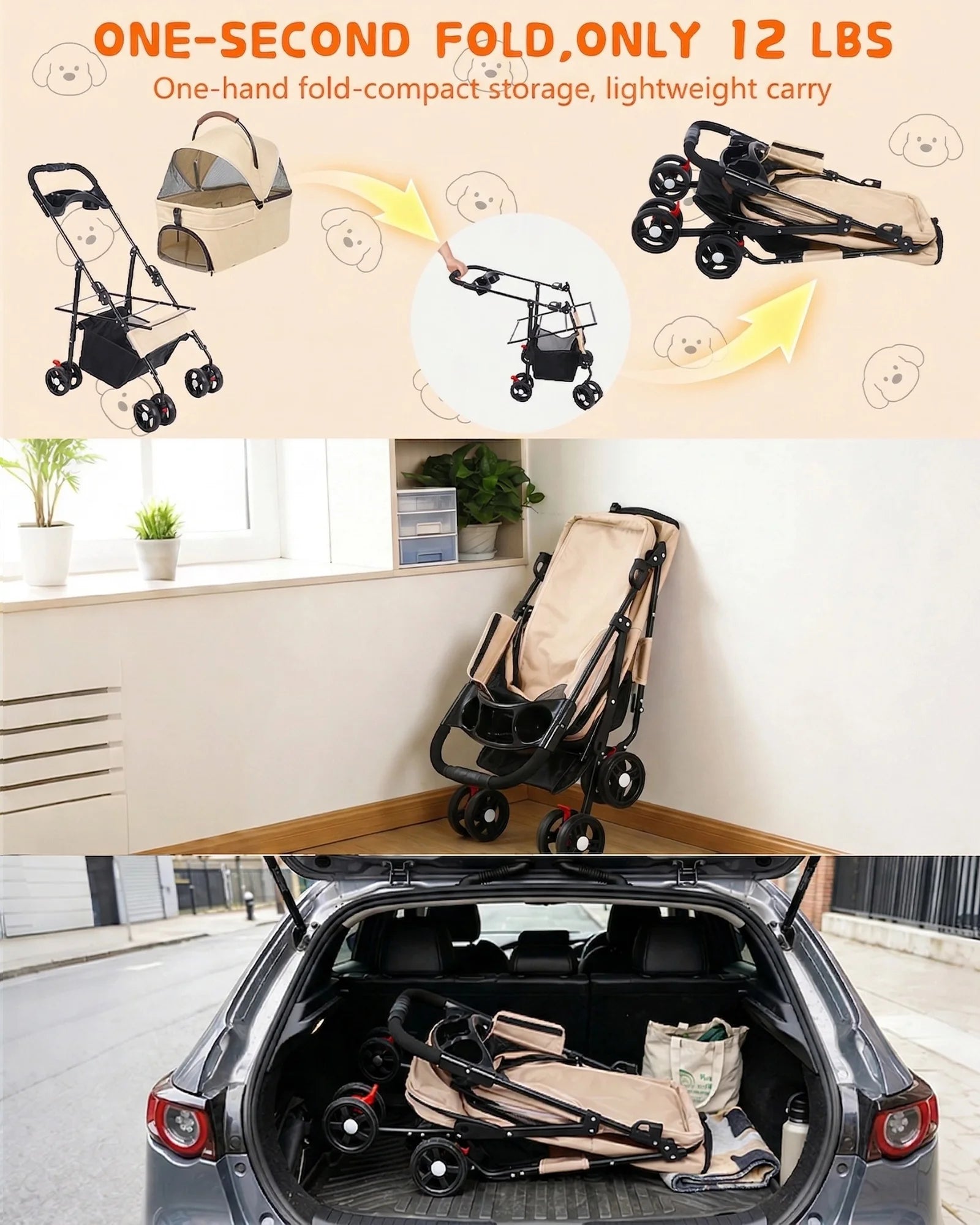 2-in-1Pet Foldable Lightweight Stroller for Small Dogs Cats