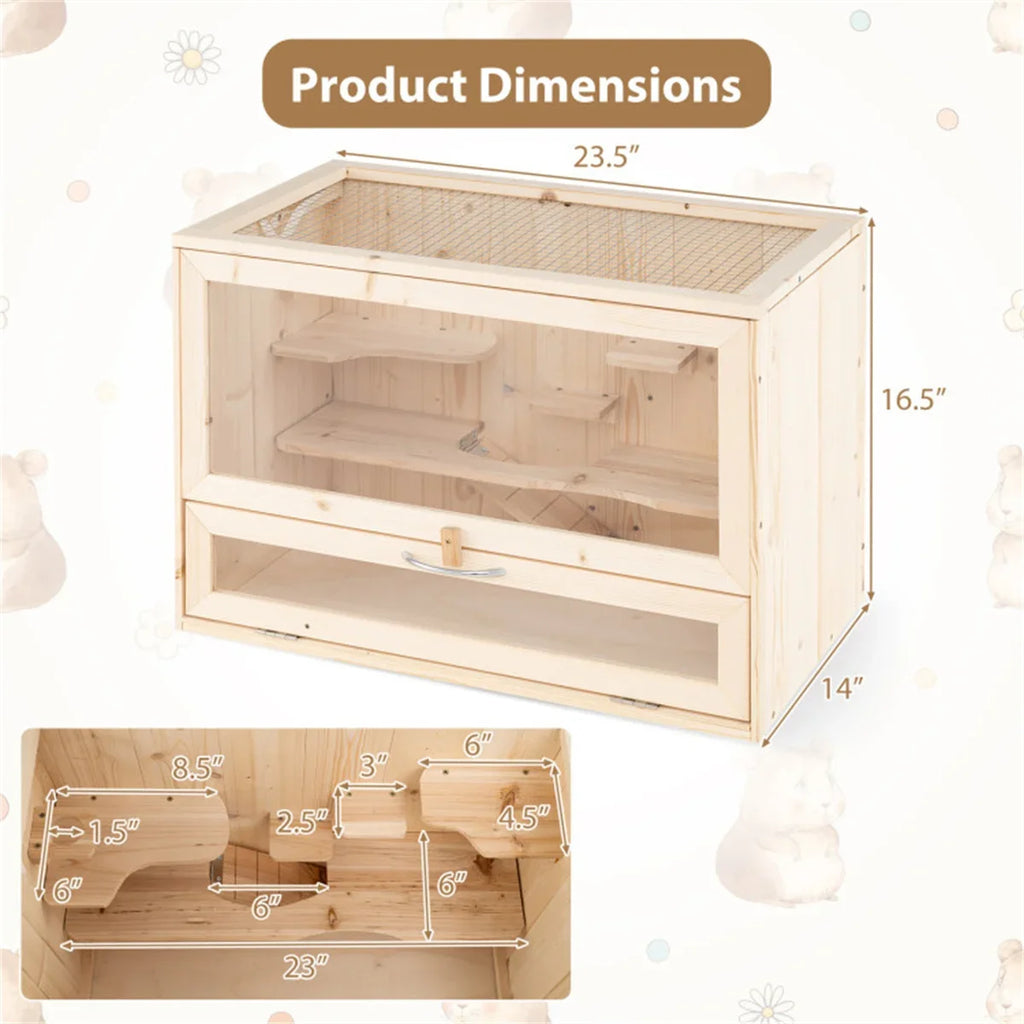 Fir Wood Hamster Cage with Flip Roof, Multi-Ladder Activity Areas for Guinea Pigs Hedgehogs