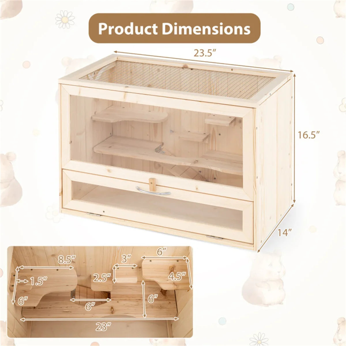 Fir Wood Hamster Cage with Flip Roof, Multi-Ladder Activity Areas for Guinea Pigs Hedgehogs