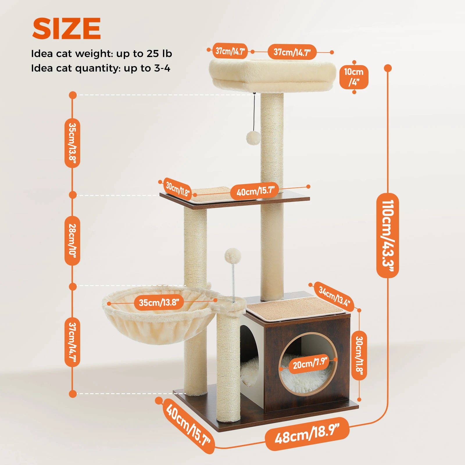 Multi-Level Wood Cat Tower with Hammock, Sisal Scratching Posts
