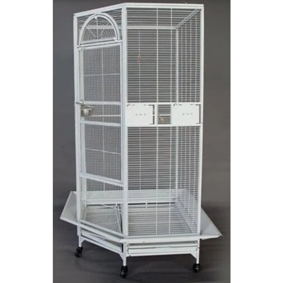 64' Extra Large Corner Wrought Iron Rolling Bird Cage with Side Solid Metal Plate