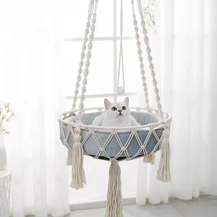 Hanging Hand‑woven Hammock Swing Cat Bed Boho  Pet Swing Nest Tassel Cat Sleeping Bed for Indoor Wall Ceiling Mount
