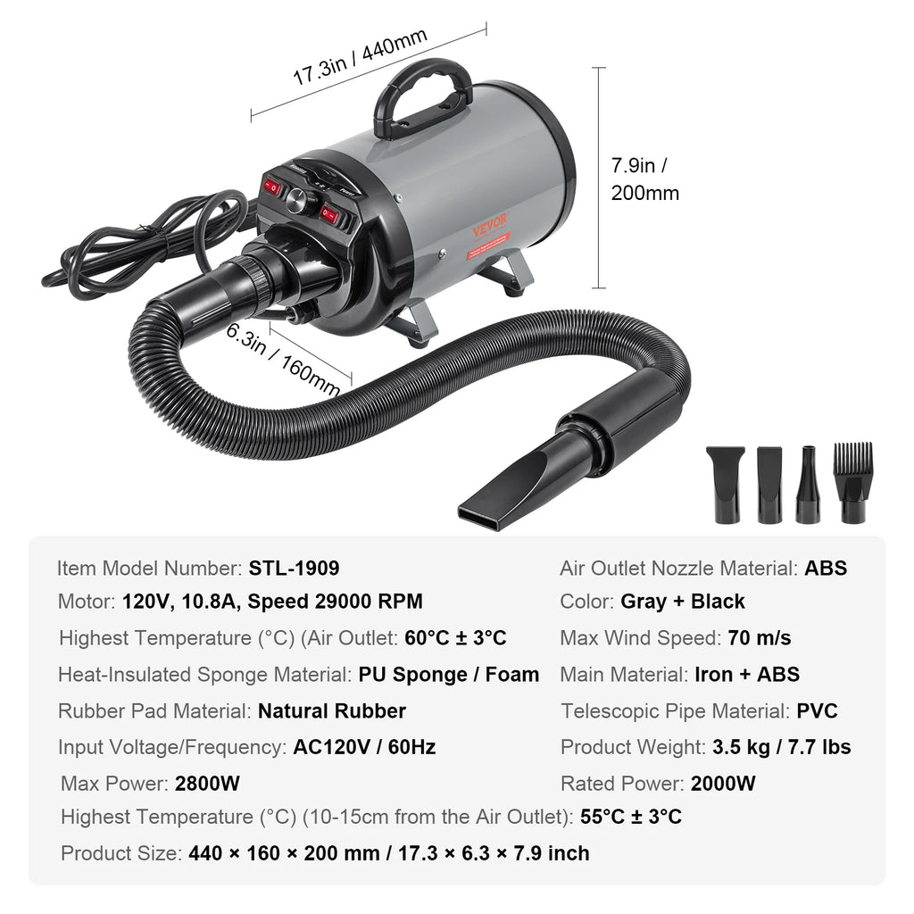 2000W/2.7HP  Adjustable Speed Dog Blow Dryer with 4 Nozzle and Extendable Hose