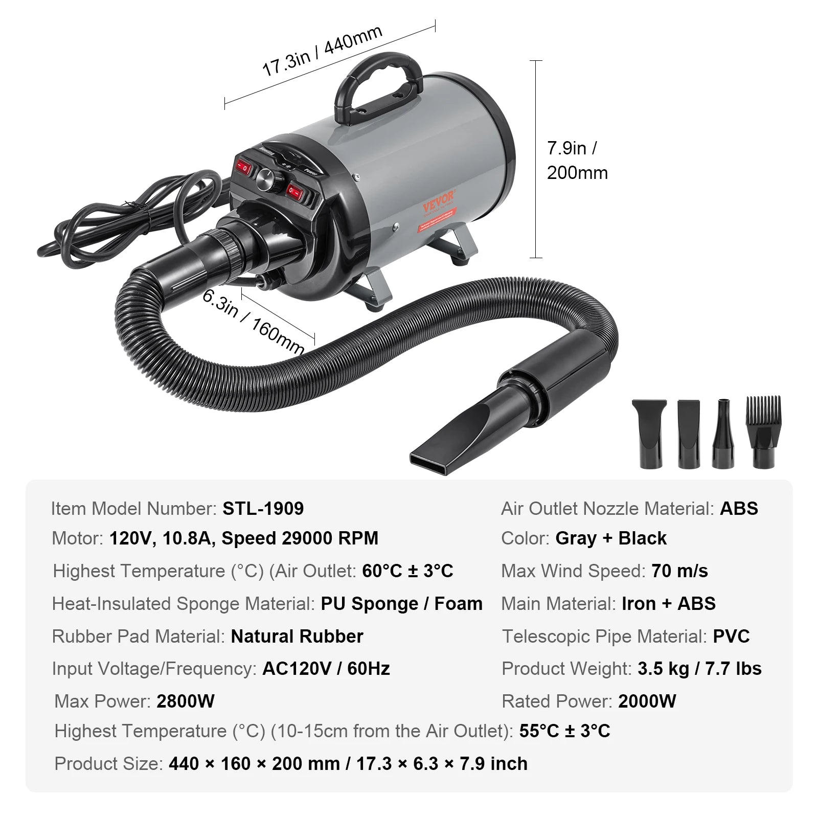 2000W/2.7HP  Adjustable Speed Dog Blow Dryer with 4 Nozzle and Extendable Hose