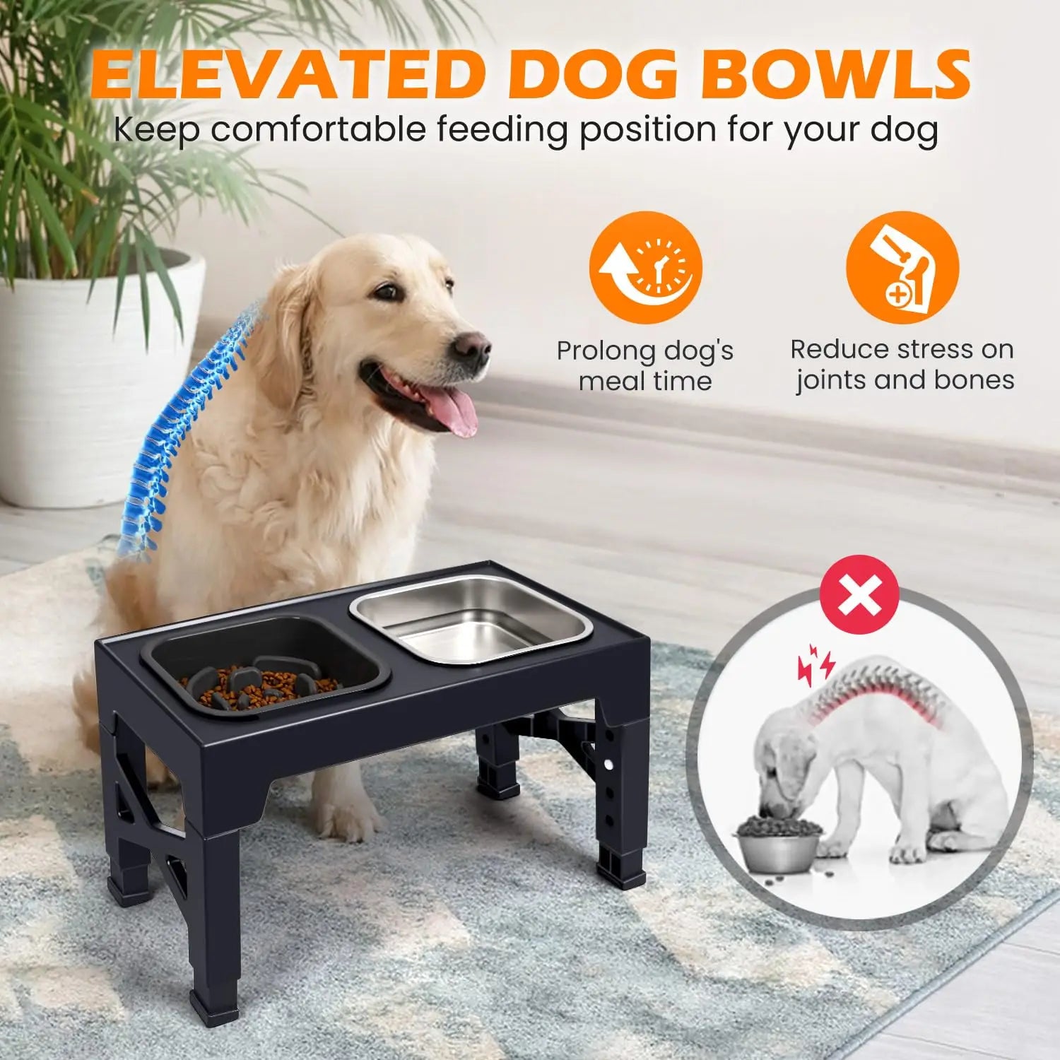 2-in-1 Elevated Adjustable Dog  Bowls, Non-Slip Stainless Steel/Plastic