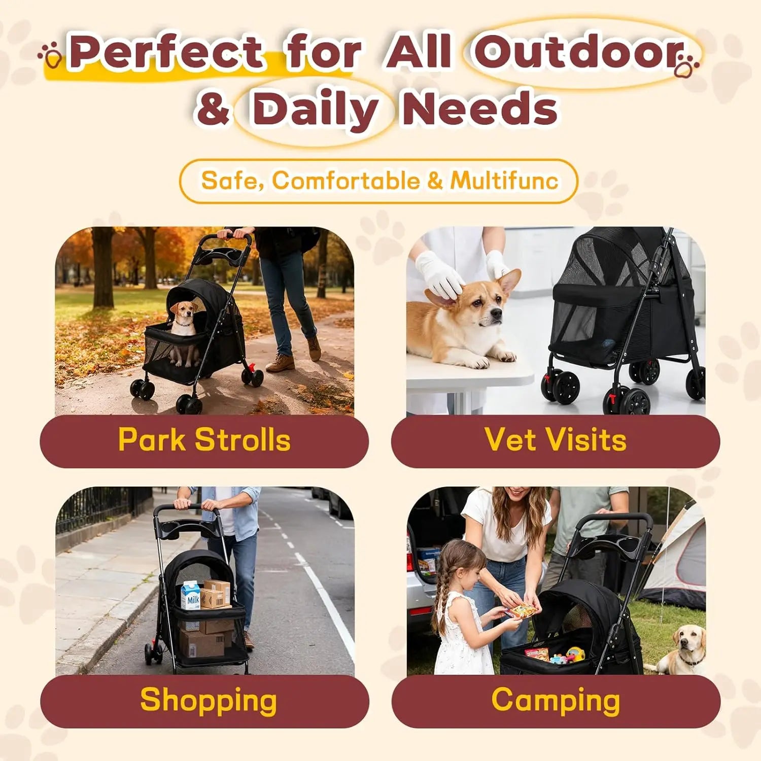 Foldable Pet Stroller Cat Small Dog Cart, Lightweight Folding Pet Stroller