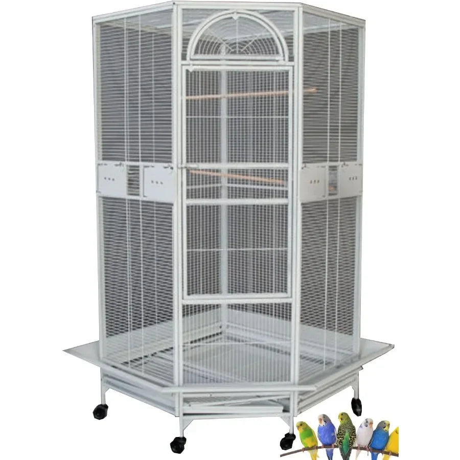 64' Extra Large Corner Wrought Iron Rolling Bird Cage with Side Solid Metal Plate