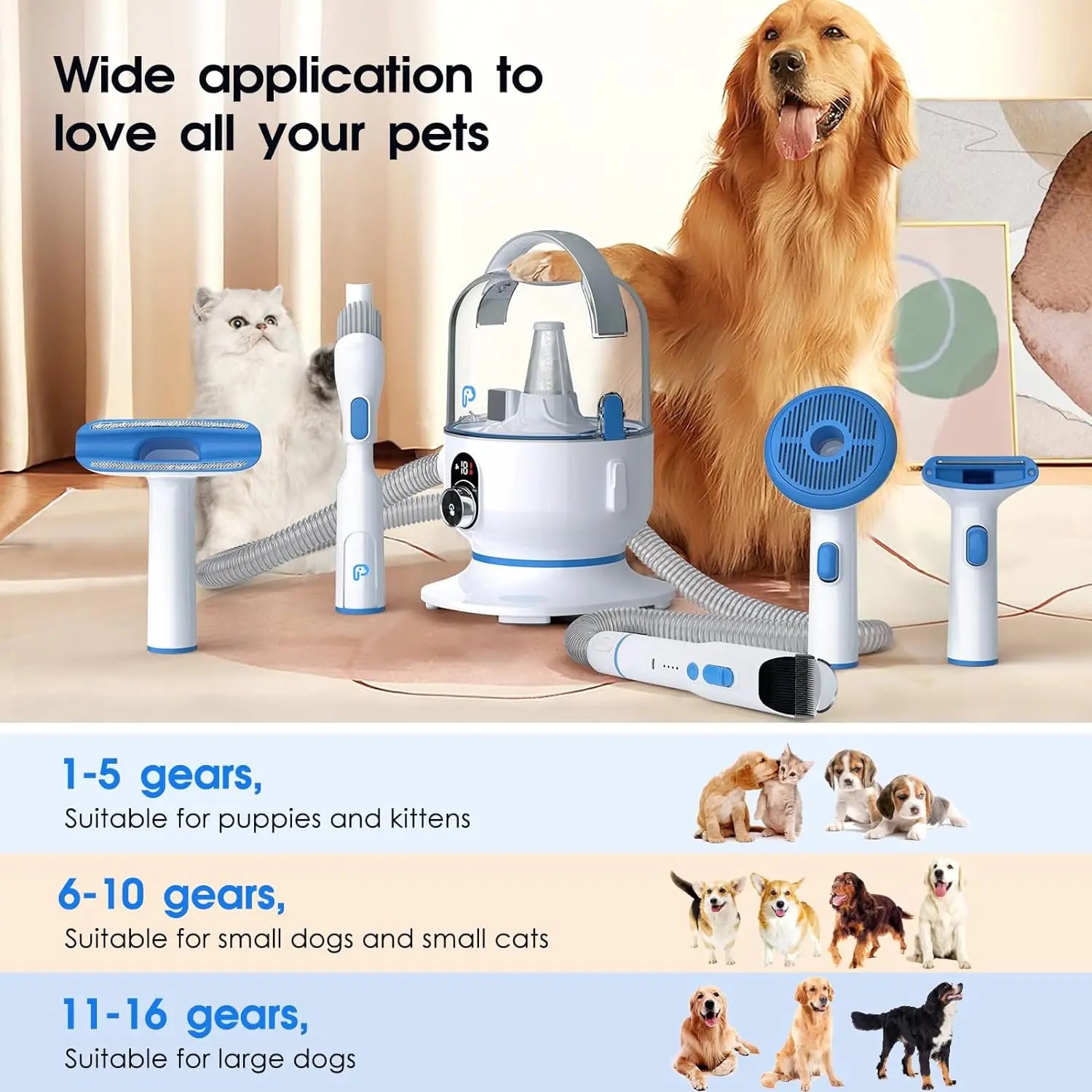 Pet Grooming Kit and Vacuum Suction 99% Pet Hair 5 In-1 Pet Grooming Kit With 2L Large Capacity Dust Cup Low Noise Dog Hair Rem