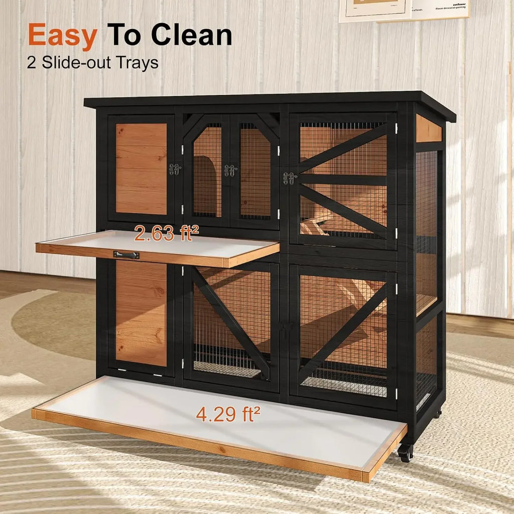 Bestseller Wooden Rabbit Hutch for Small Animals with Wheels, Removable Trays, and Bottom Wire Mesh